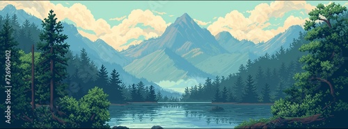 Serene pixel art landscape with evergreen trees and layered mountains reflecting on a tranquil lake, shaded by soft, golden clouds.