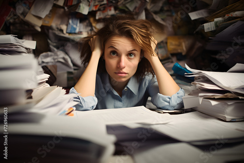 Stressed and overworked woman surrounded by stacks of paperwork