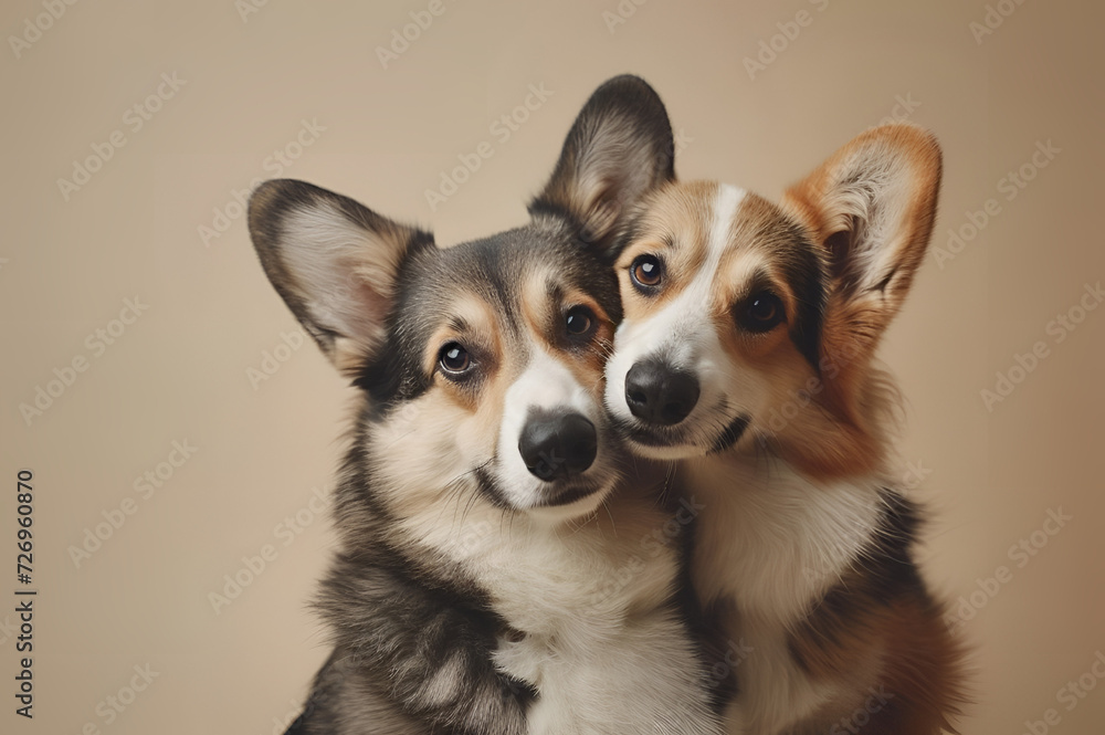 studio portrait of two dogs hugging. happy blue merle corgi pembroke on beige background. Love, relationship, funny studio portrait of two dogs hugging. happy blue merle corgi pembroke on beige background. Love, relationship, funny