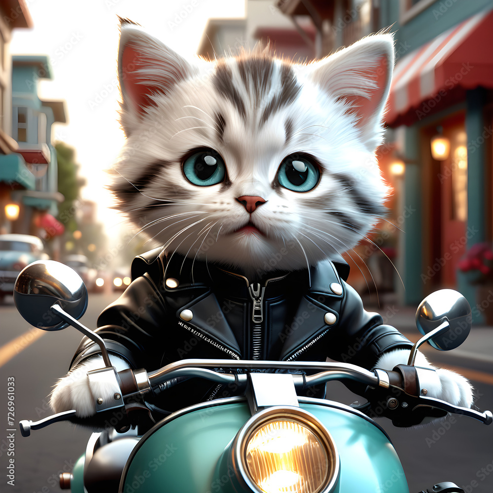 This insanely detailed portrait captures the essence of an adorable and cute kitten, with its big head and expressive eyes, donning an elegant motorcycle outfit. The kitten exudes a sense of playfulne