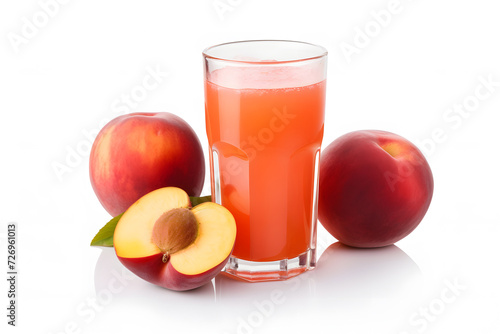 Glass of nectarine juice with whole and halved fruits on white background