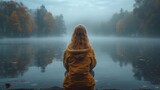 Back view of a young woman in a yellow raincoat looking at a misty lake. - Generative AI