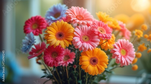Colorful gerbera flowers bouquet on the window background. - Generative AI