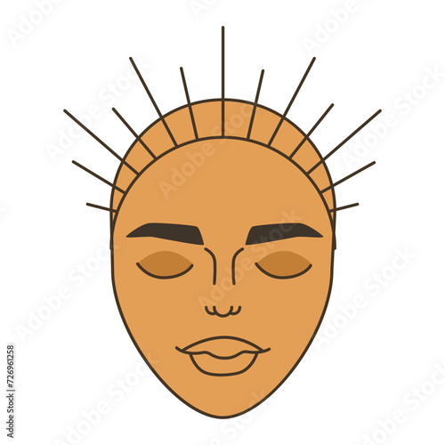 The head of a girl in a crown without hair. Closed eyes mask. A man's face, plump lips, dark skin. Flat vector illustration, vintage style