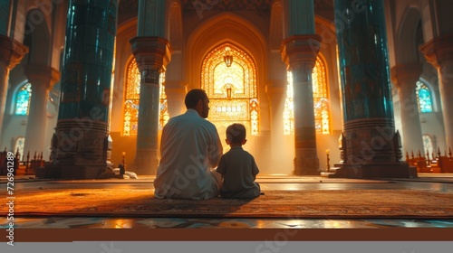 Ramadan Kareem Greetings Father and son in the mosque Muslim family praying Men and children read the Quran and pray.