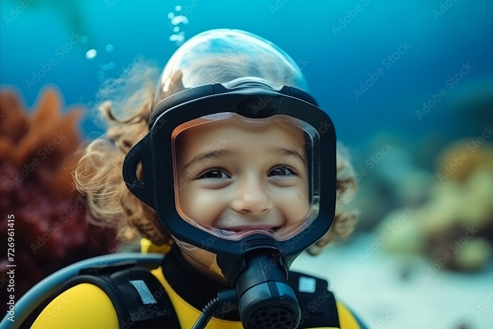 Cute little girl in scuba diving suit looking at camera. Cute little girl in scuba diving suit looking at camera.
