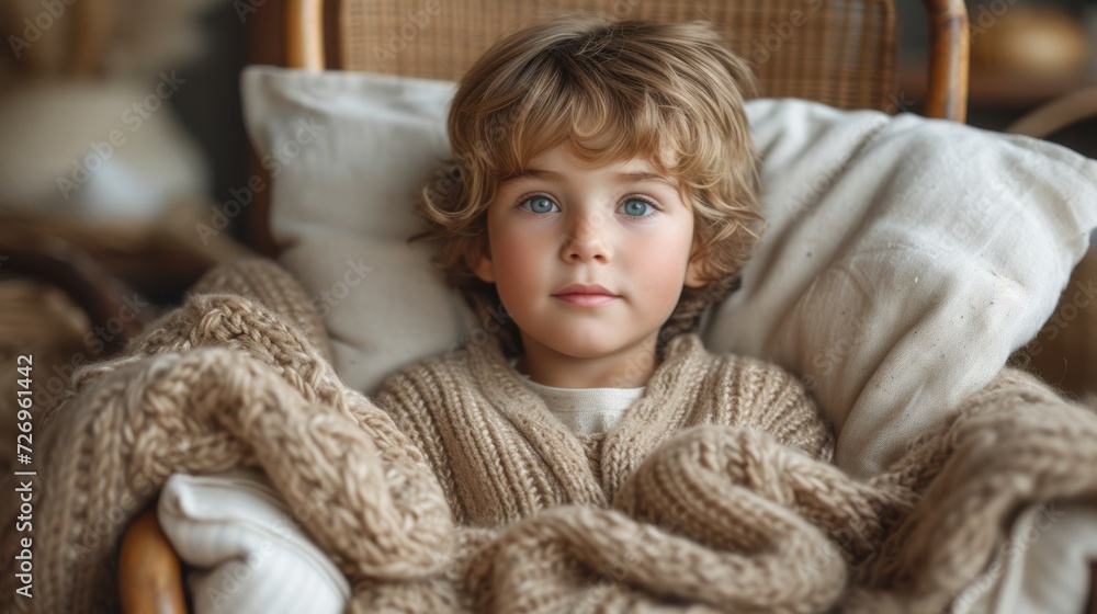 Portrait of a cute little boy with blond hair and blue eyes wearing a warm knitted sweater sitting in a rocking chair - Generative AI Portrait of a cute little boy with blond hair and blue eyes wearing a warm knitted sweater sitting in a rocking chair - Generative AI