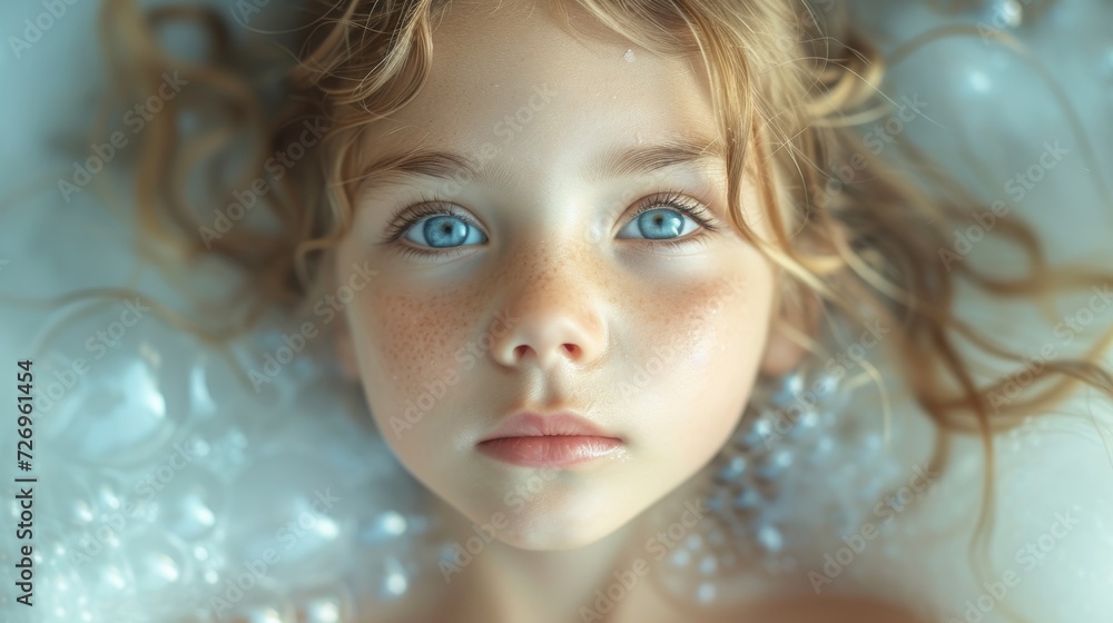 Portrait of a cute little girl with blue eyes in a bath. - Generative AI Portrait of a cute little girl with blue eyes in a bath. - Generative AI