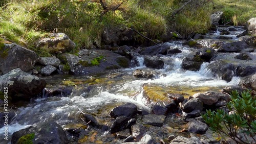 small natural mountain creek flows along a stony riverbed photo