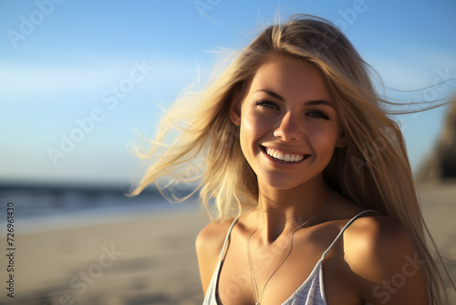 Yopung laughing blond woman having fun at beach