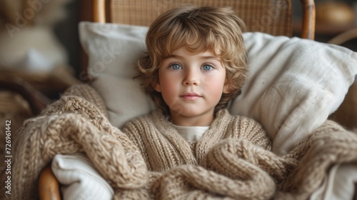Portrait of a cute little boy with blond hair and blue eyes wearing a warm knitted sweater sitting in a rocking chair - Generative AI © AlexandraRooss