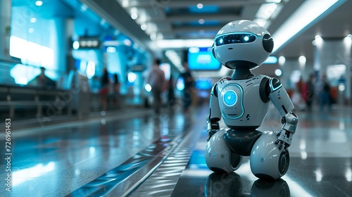 Futuristic AI Robot in a Busy, Technologically Advanced Airport Terminal
