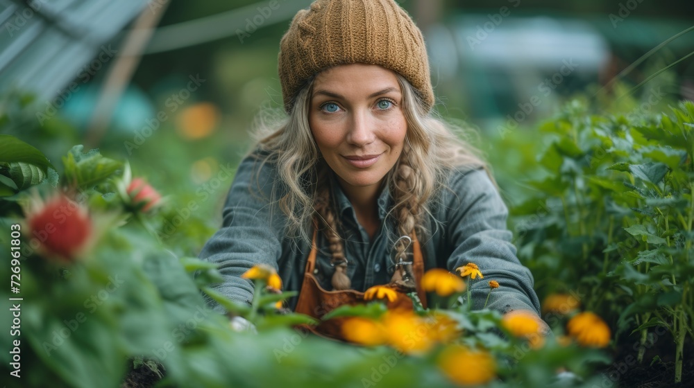 Portrait of a young woman working in a greenhouse. Selective focus. - Generative AI