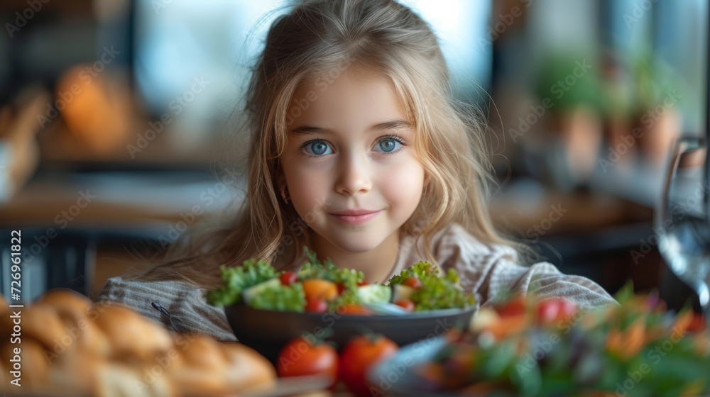Portrait of a cute little girl eating healthy food at home. - Generative AI