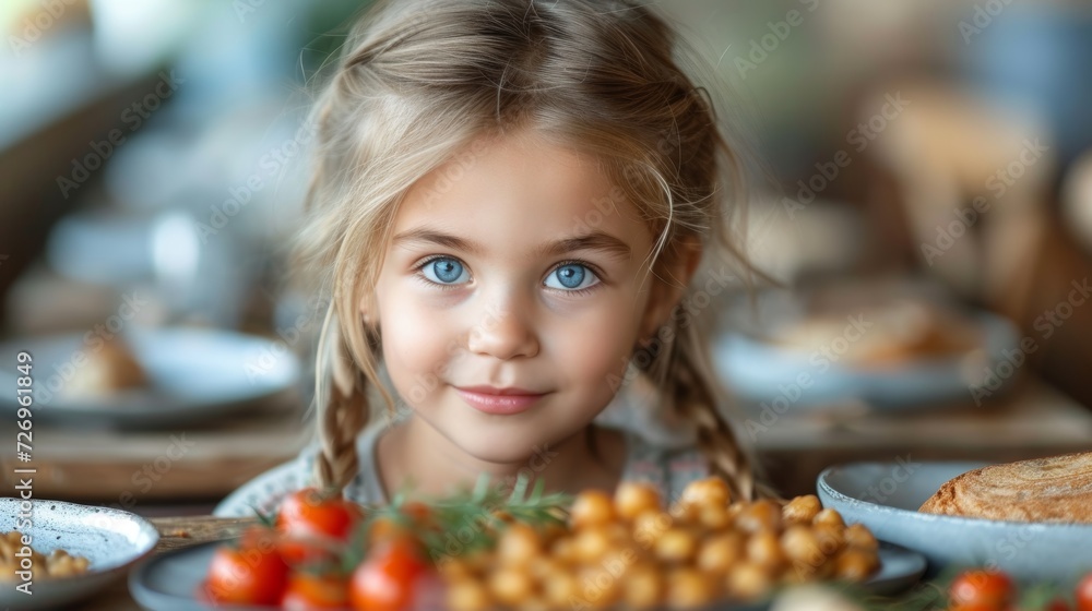 Cute little girl eating healthy food at home. Healthy eating concept. - Generative AI