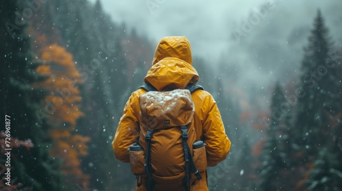 A man with a backpack in a raincoat on the background of the mountains. - Generative AI