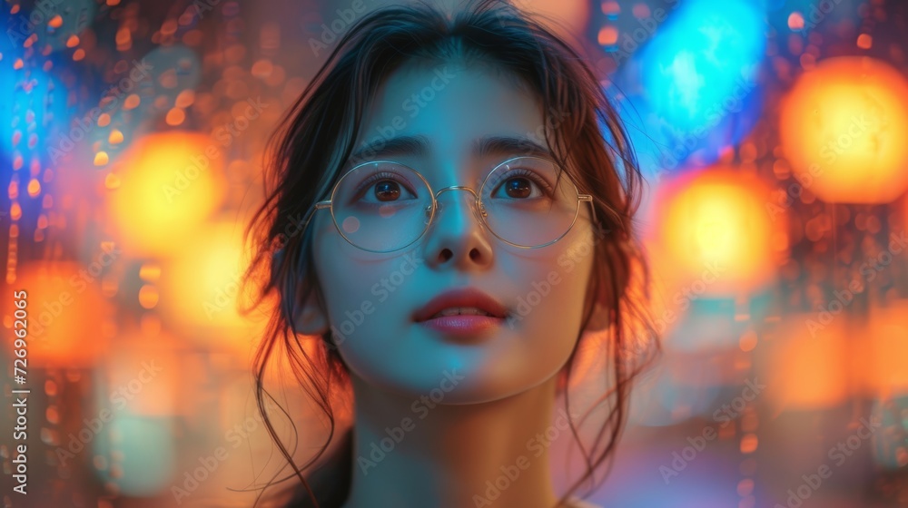 Portrait of a beautiful asian girl with glasses on colorful background - Generative AI