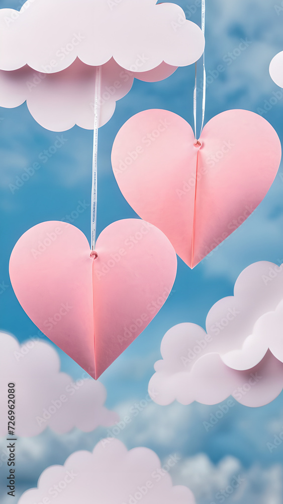 paper hearts on white soft pink color, paper hearts in the clouds, valentines day concept, fantasy dream holiday, love paper heart in the clouds, festive valentine, saint valentine, happy romantic