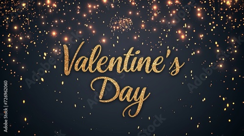 Celebration Banner with Valentine's Day Text in Sparkling Gold Firework Style on Black Canvas