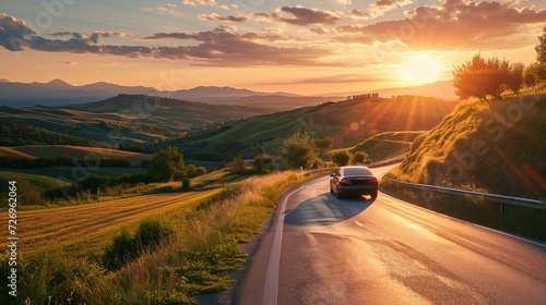 A Car Traveling on a Winding Road Amidst Rolling Hills with a Golden Sun Setting in the Background © Sheharyar