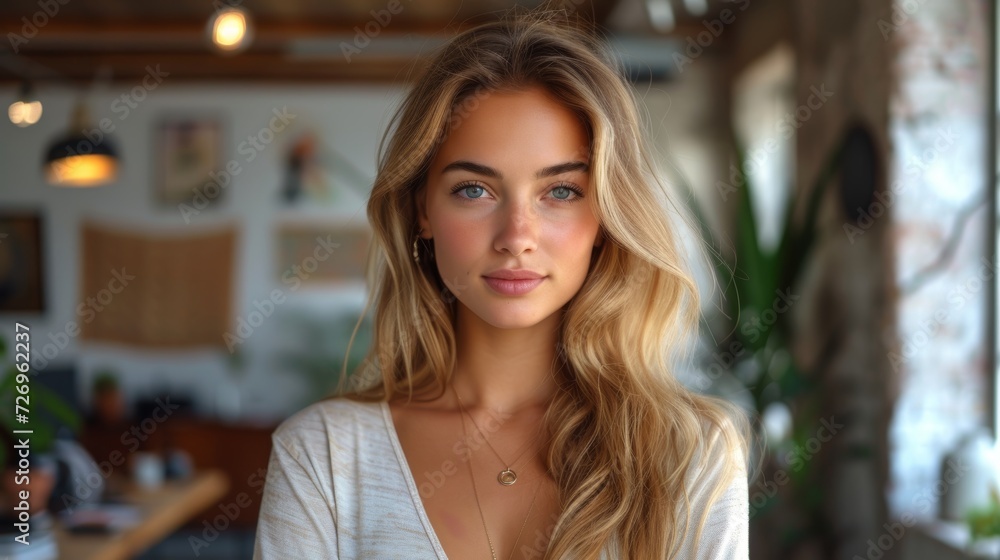 Portrait of beautiful young woman with long blond hair in cafe. - Generative AI