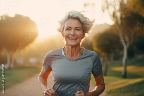 Portrait of happy senior woman jogging in park at sunrise.