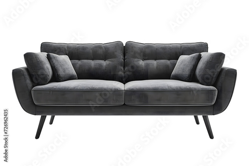 Gray linen sofa with plush pillows on transparent background, Modern couch in neutral tones, Stylish living room furniture