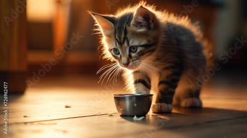 A beautiful little kitten is licking milk from a bowl located on the living room floor next to the window. A cute kitten is having breakfast or lunch.