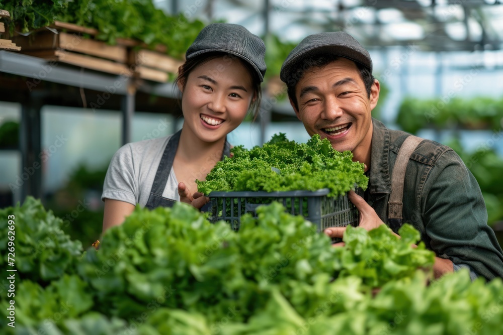 Two Asian gardeners happily work on a hydroponic vegetable farm. Two Asian gardeners happily work on a hydroponic vegetable farm.