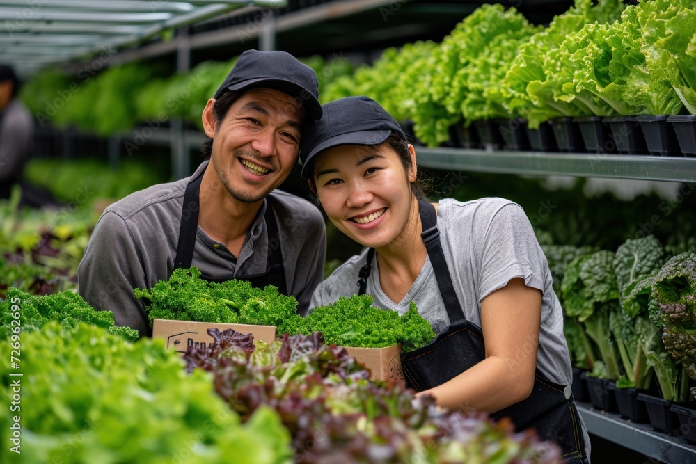 Two Asian gardeners happily work on a hydroponic vegetable farm. Two Asian gardeners happily work on a hydroponic vegetable farm.