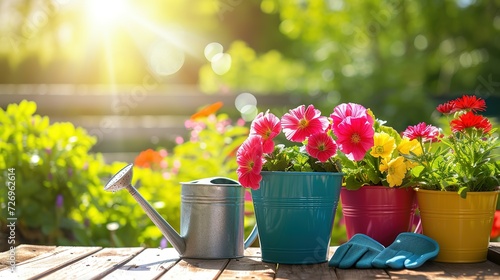 colorful flower pots with watering can and gloves on wooden table on sunny garden background. banner with copy