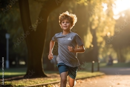 Portrait of a boy jogging in the park at sunset.