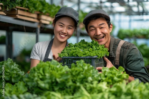 Two Asian gardeners happily work on a hydroponic vegetable farm.