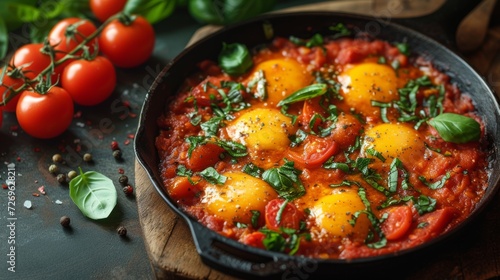 Shakshuka - fried eggs in tomato sauce in a frying pan - Generative AI
