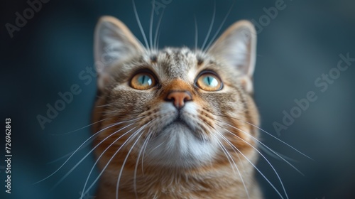 Portrait of a beautiful tabby cat with blue eyes on a dark background - Generative AI
