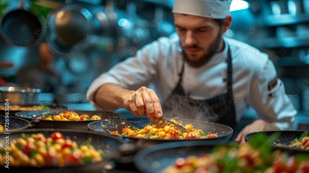 Chef in a restaurant kitchen preparing and decorating delicious dishes. - Generative AI Chef in a restaurant kitchen preparing and decorating delicious dishes. - Generative AI