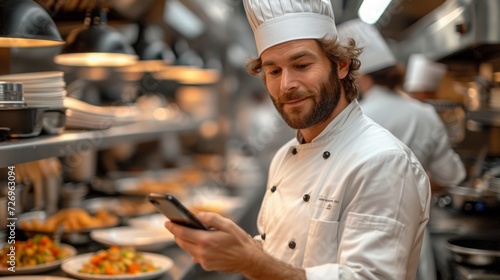 Chef in restaurant kitchen. Portrait of a male chef with a smartphone in his hands. - Generative AI