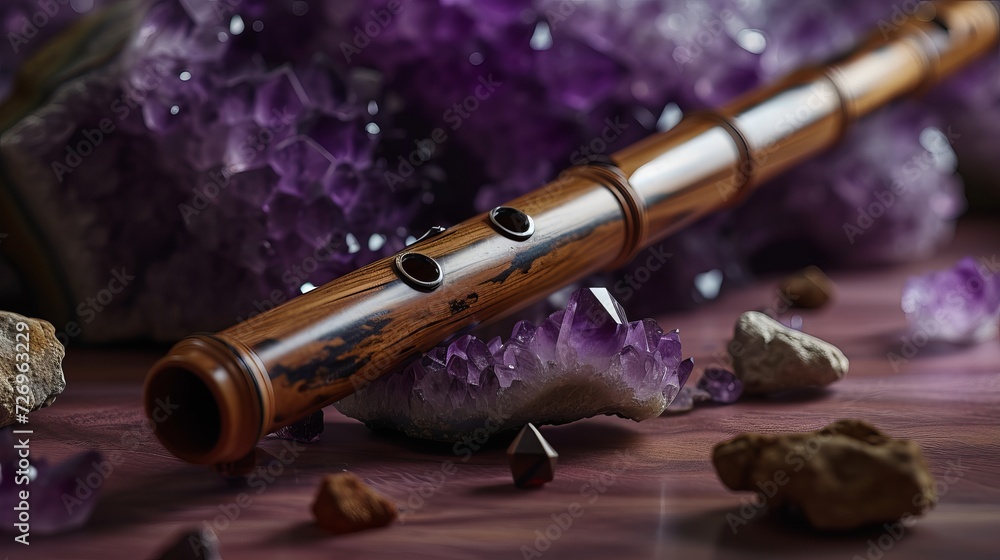 Naklejka premium Antique Wooden Flute on Vibrant Amethyst Crystals: A Harmonious Blend of Music and Nature