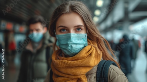 Young woman in a medical mask on the background of the airport. - Generative AI