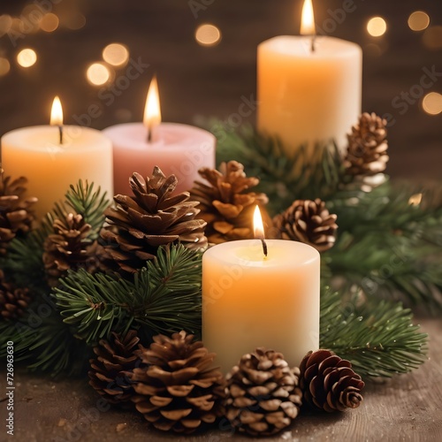 candle decoration with pine cones and fir branches