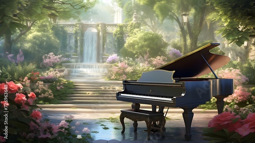 A composition featuring a grand piano in a lush garden, blending the beauty of nature with the elegance of classical music.