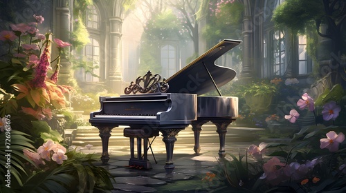 A composition featuring a grand piano in a lush garden, blending the beauty of nature with the elegance of classical music.