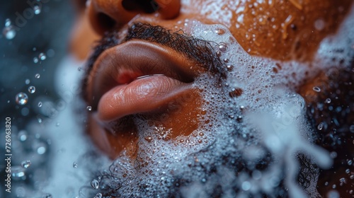 Close up portrait of a young bearded Indian man taking a shower. - Generative AI