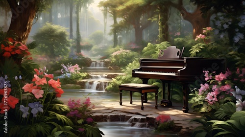 A composition featuring a grand piano in a lush garden, blending the beauty of nature with the elegance of classical music. photo