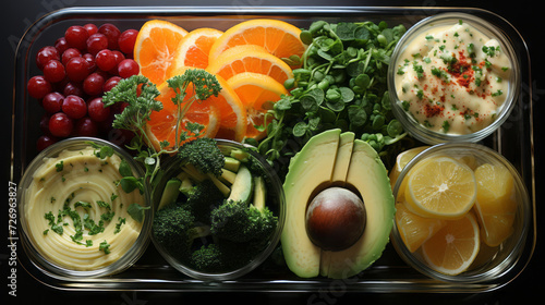 Healthy food from different components laid out in cells in a lunch box  top view.
