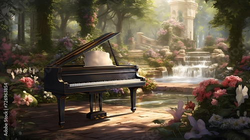 A composition featuring a grand piano in a lush garden, blending the beauty of nature with the elegance of classical music.