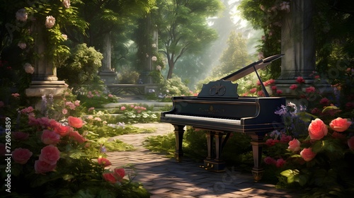 A composition featuring a grand piano in a lush garden, blending the beauty of nature with the elegance of classical music. photo