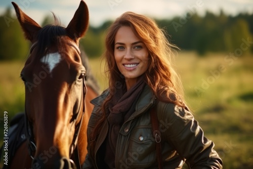 Beautiful young woman with a horse in the field at sunset.