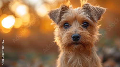 Portrait of a cute little Yorkshire Terrier dog in the autumn park. - Generative AI