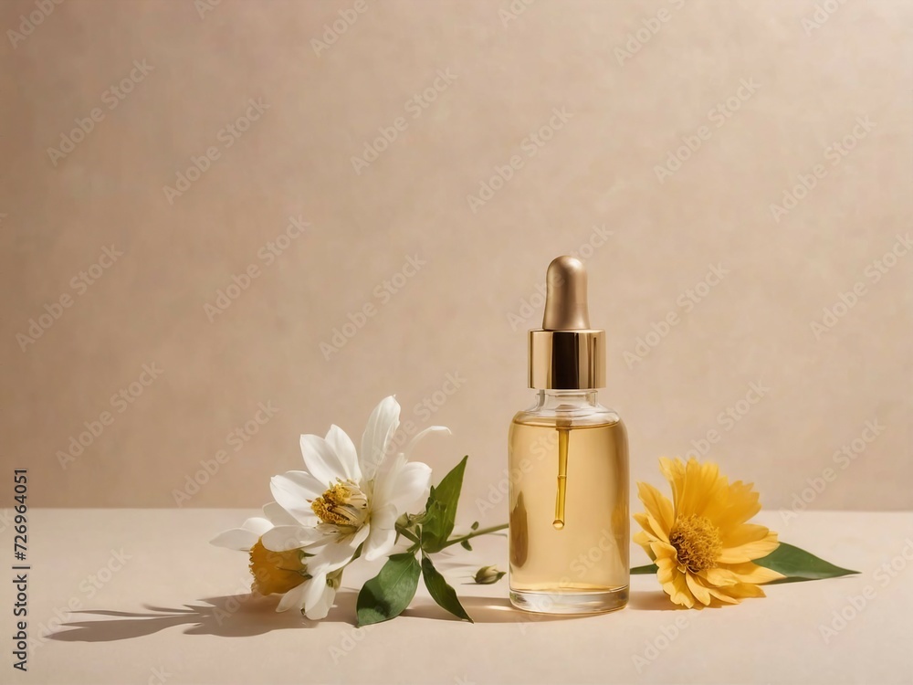 Aesthetic minimalist beauty care therapy concept. Organic serum oil cosmetics bottle on stone with flowers against neutral beige background. Aesthetic minimalist beauty care therapy concept. Organic serum oil cosmetics bottle on stone with flowers against neutral beige background.